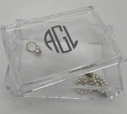 personalized 4" x 6" clear acrylic catchall jewelry box with removable top- modern monogram