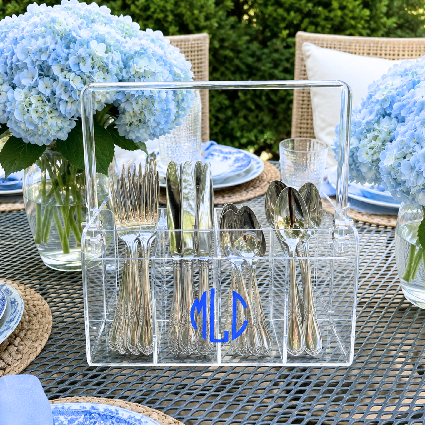 Personalized clear acrylic silverware caddy - double circle monogram