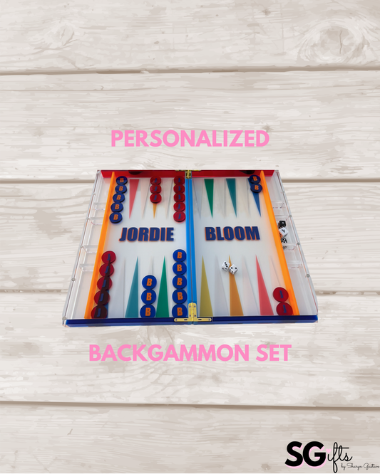 Personalized multi colored acrylic backgammon set with monogrammed tiles