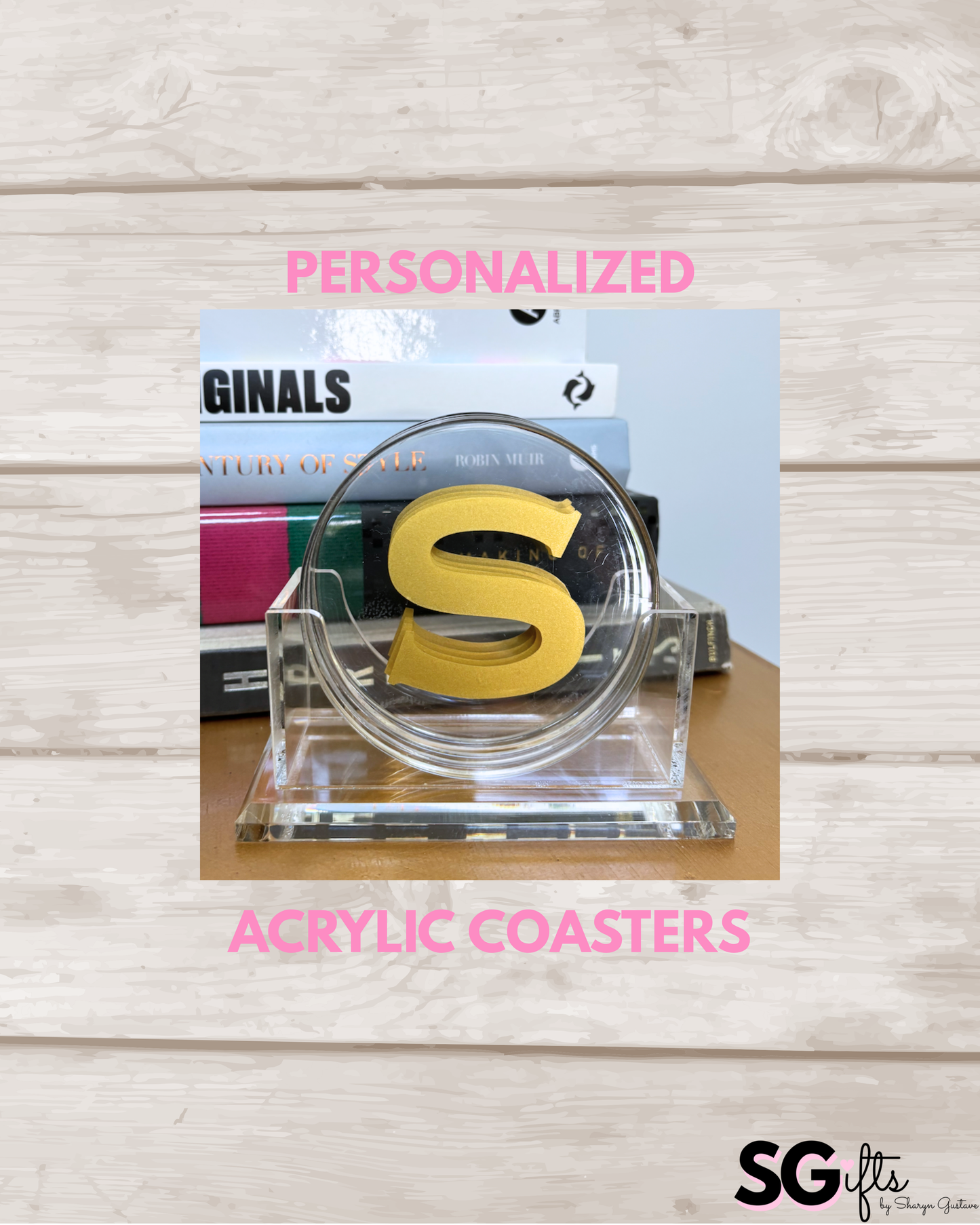 Personalized 4" clear acrylic round 1 letter monogram coasters - set of 4