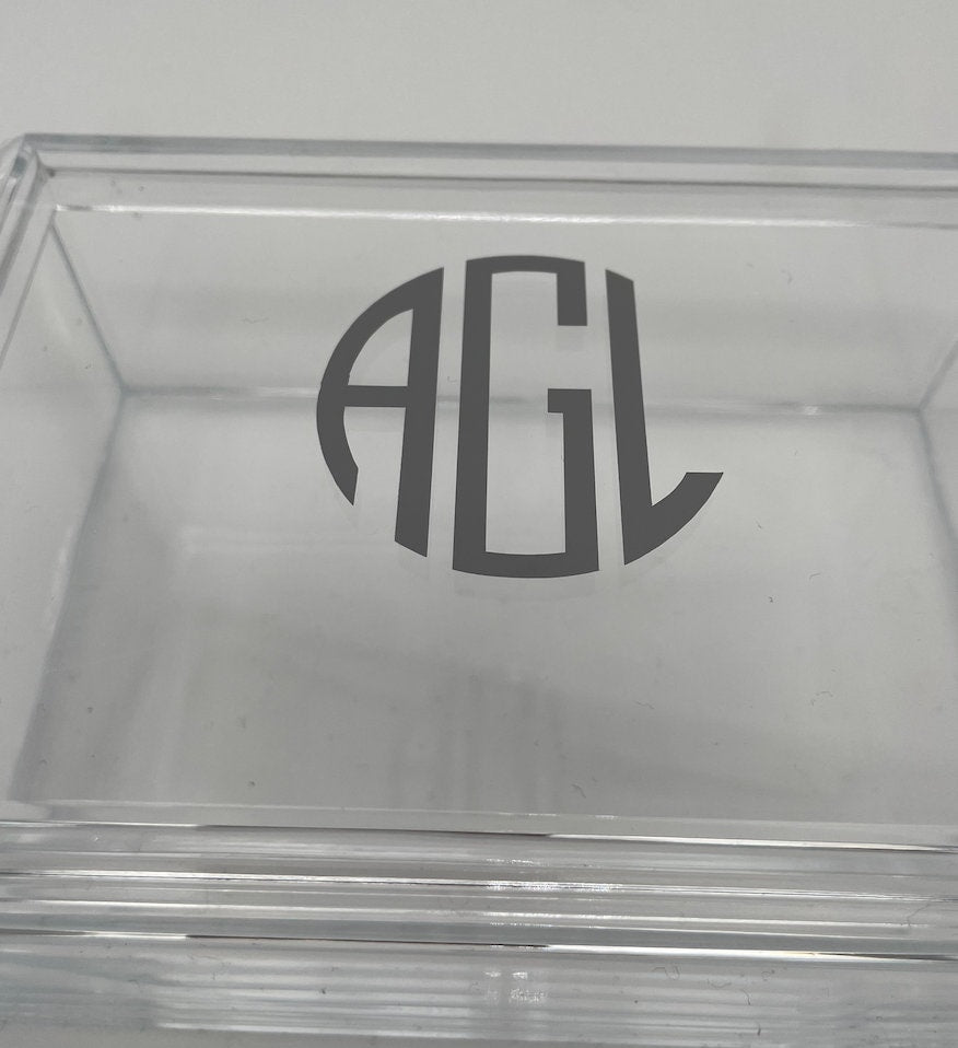 personalized 4" x 6" clear acrylic catchall jewelry box with removable top- modern monogram