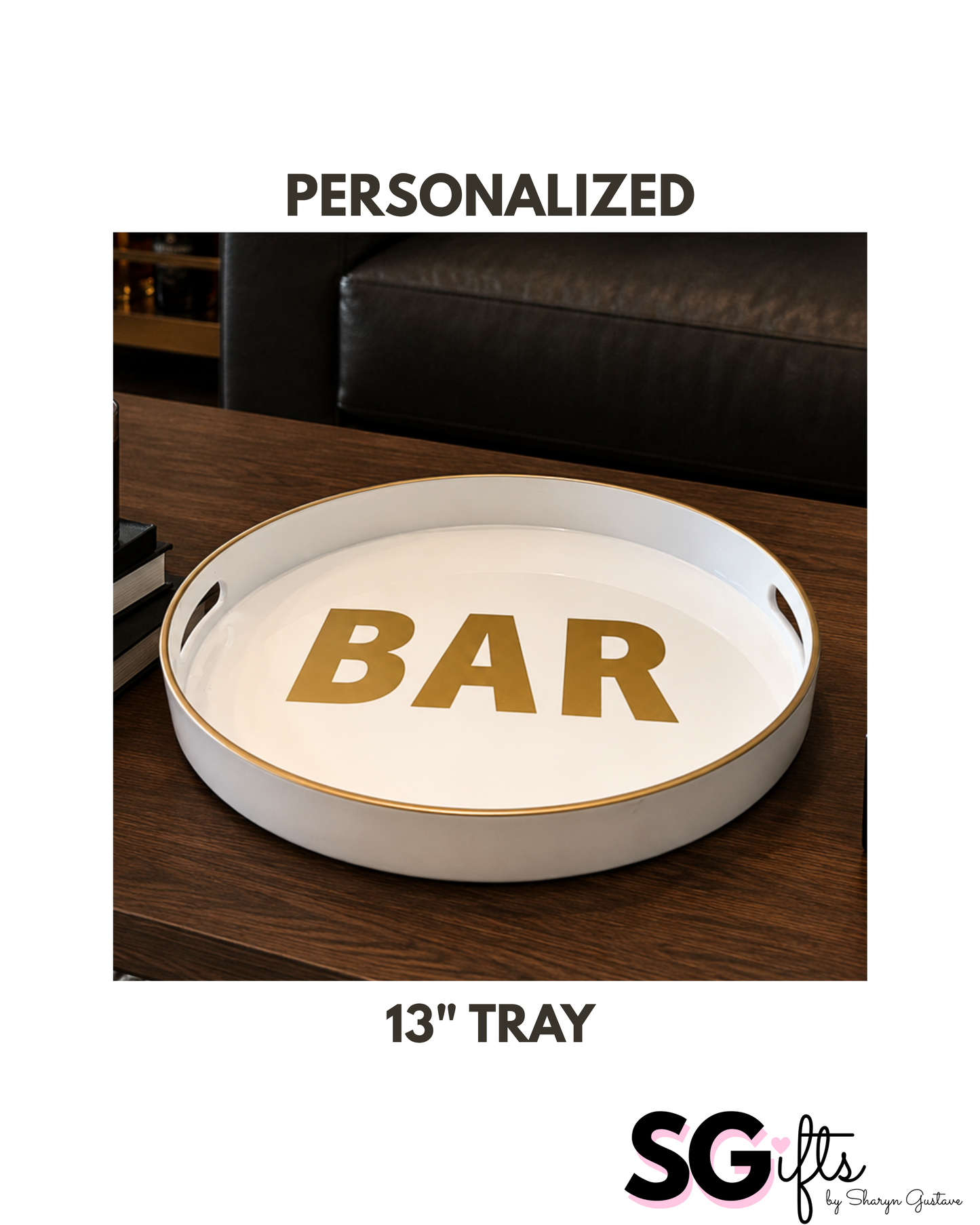 Personalized 13" opaque white round tray with bar in the center