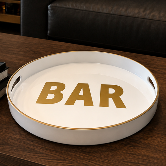 Personalized 13" opaque white round tray with bar in the center