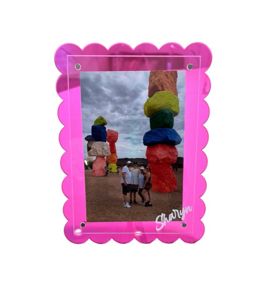 personalized 7" pink scalloped edge acrylic magnetic frame