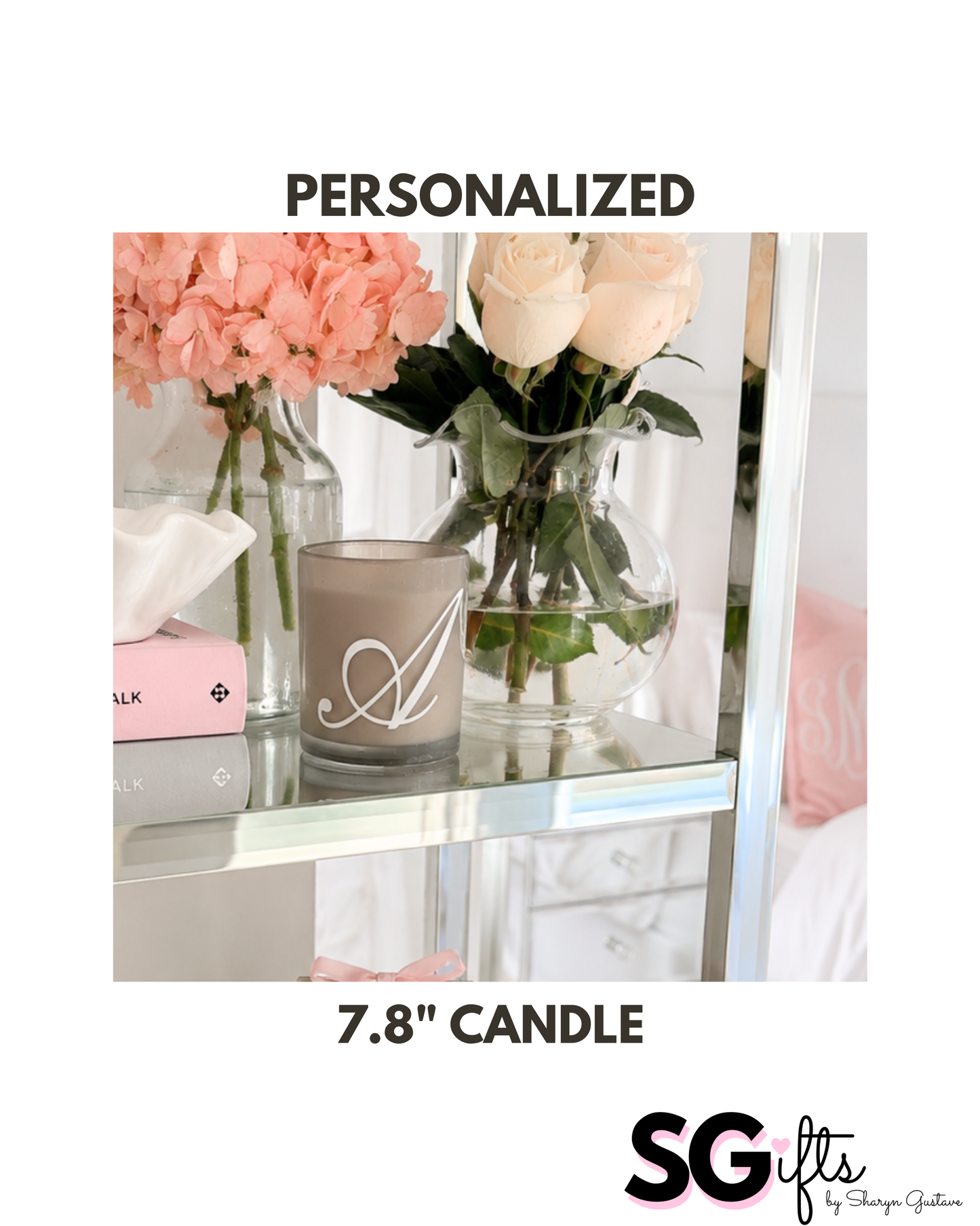 Personalized 7.8 ounce taupe candle with one letter elegant monogram  - Teakwood and slate