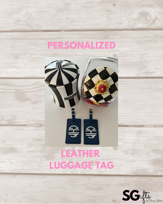 Personalized leather luggage tag blue with 3 letter monogram- set of 2