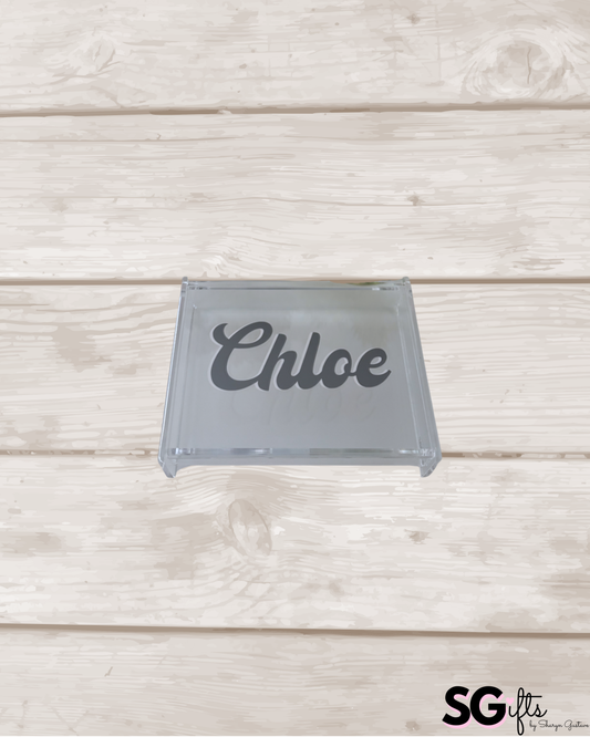 Personalized 4" x 6" clear acrylic catchall jewelry box with removable top- your name