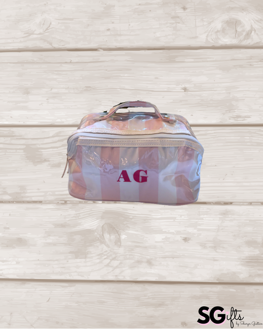 Personalized coated travel makeup bag with 3 compartments - pale pink/white