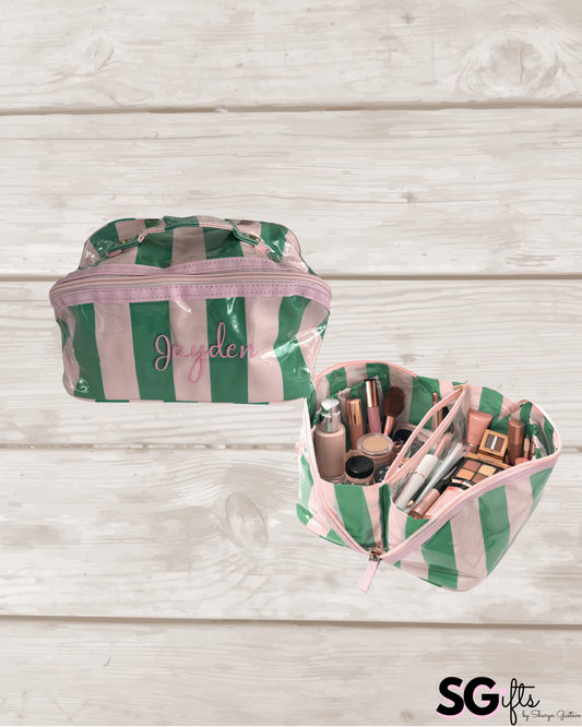 Personalized coated makeup bag with tassle closure- pale pink/green- large