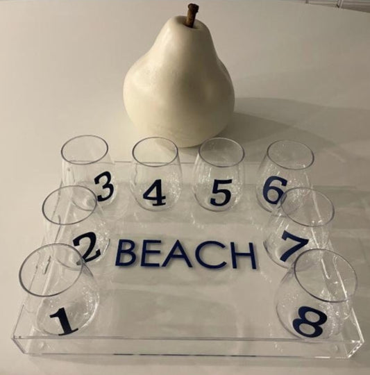 personalzied 11" x 14" clear acrylic tray with vinyl BEACH and 8 stemless wine glasses with numbers