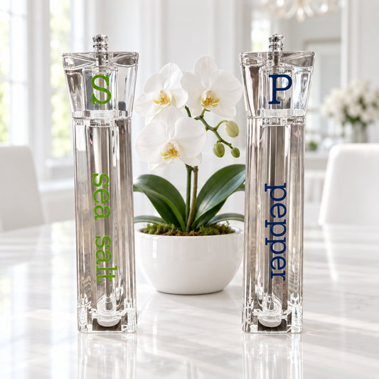 Personalized acrylic 12" salt and pepper shakers- white- sold as set