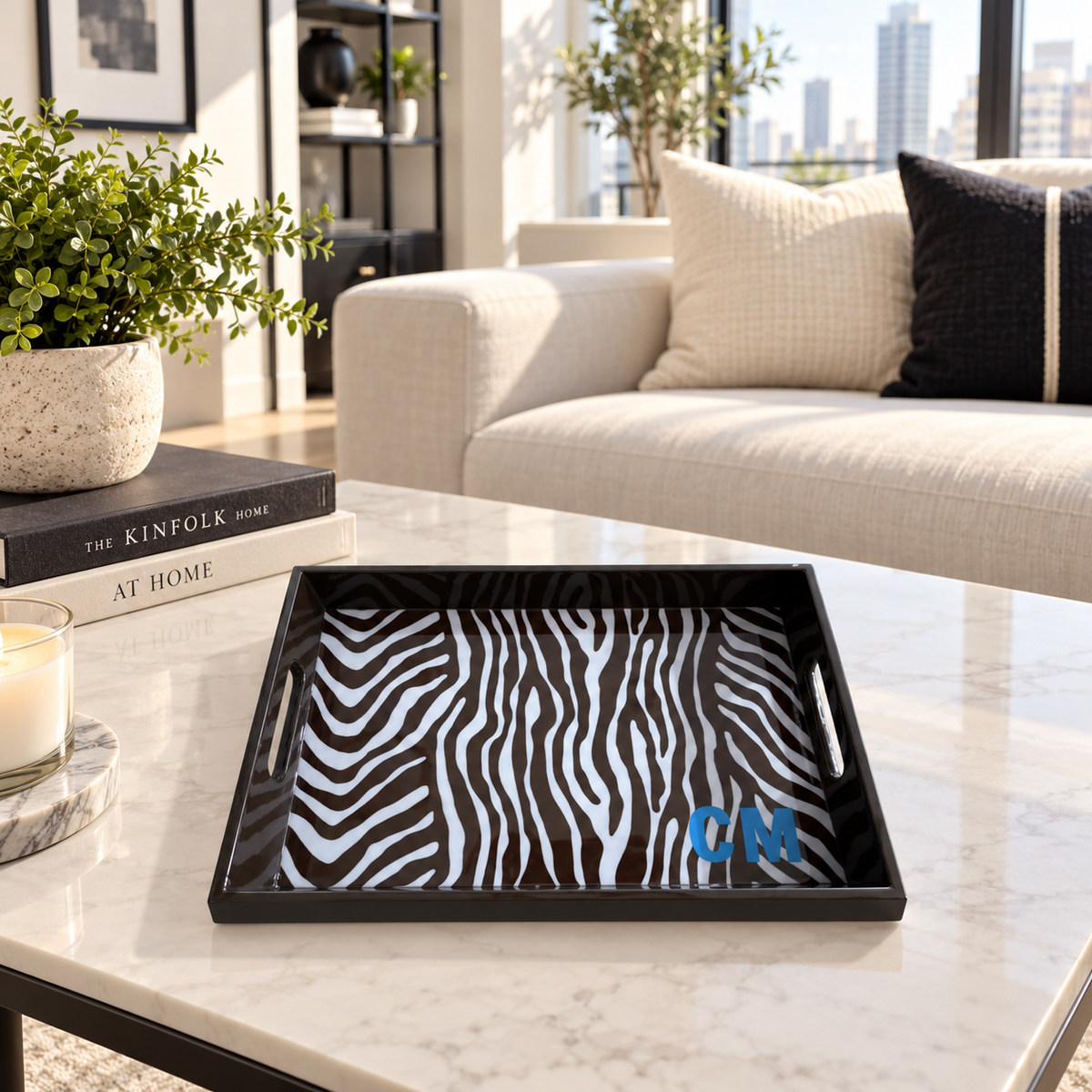 Zebra 11" x 15" lacquer serving tray with Monogram