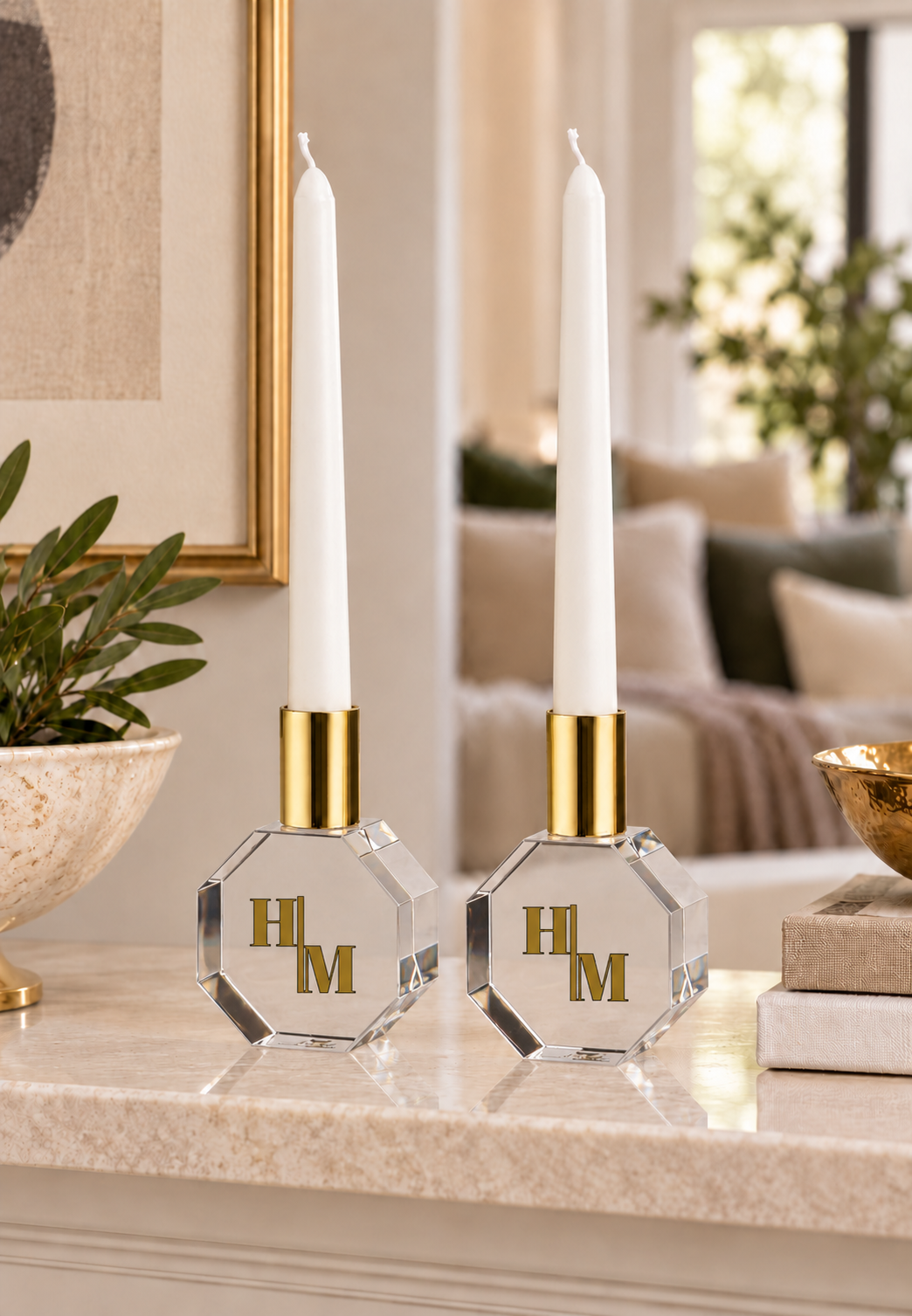 Personalized clear crystal octagon candleholder with gold accents- clear