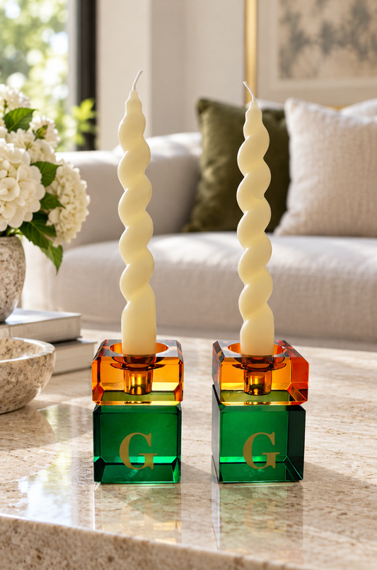 Personalized 2 tone crystal candleholder- green/orange