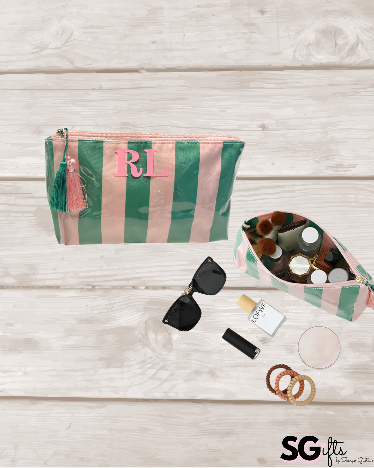 Personalized coated travel makeup bag with tassel closure- pale pink/ green