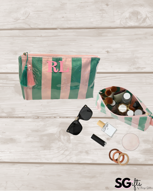 Personalized coated travel makeup bag with tassel closure- pale pink/ green