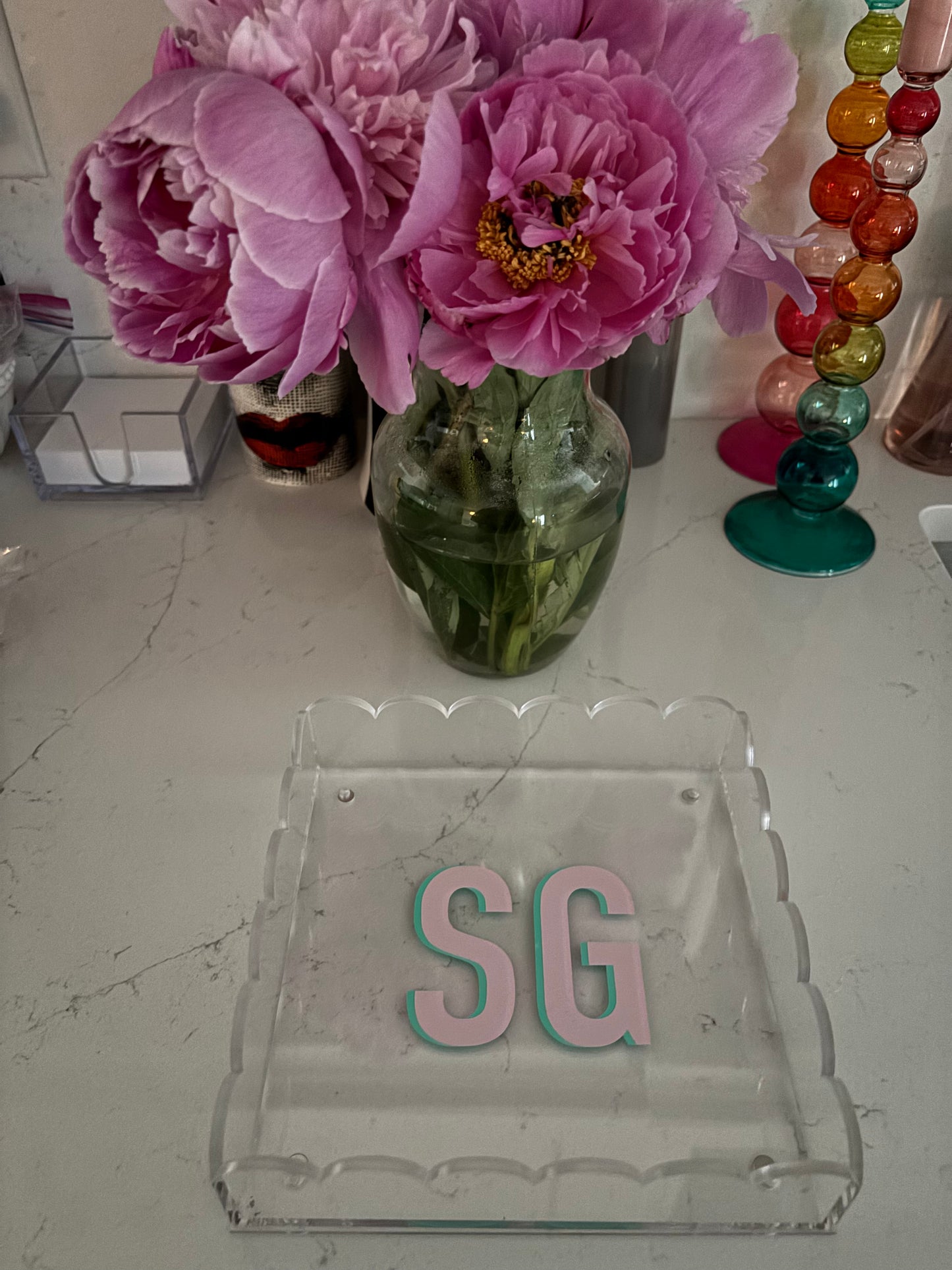 8” x 8” personalized monogrammed acrylic scalloped edge tray with magnetic mat which is perfect for photos