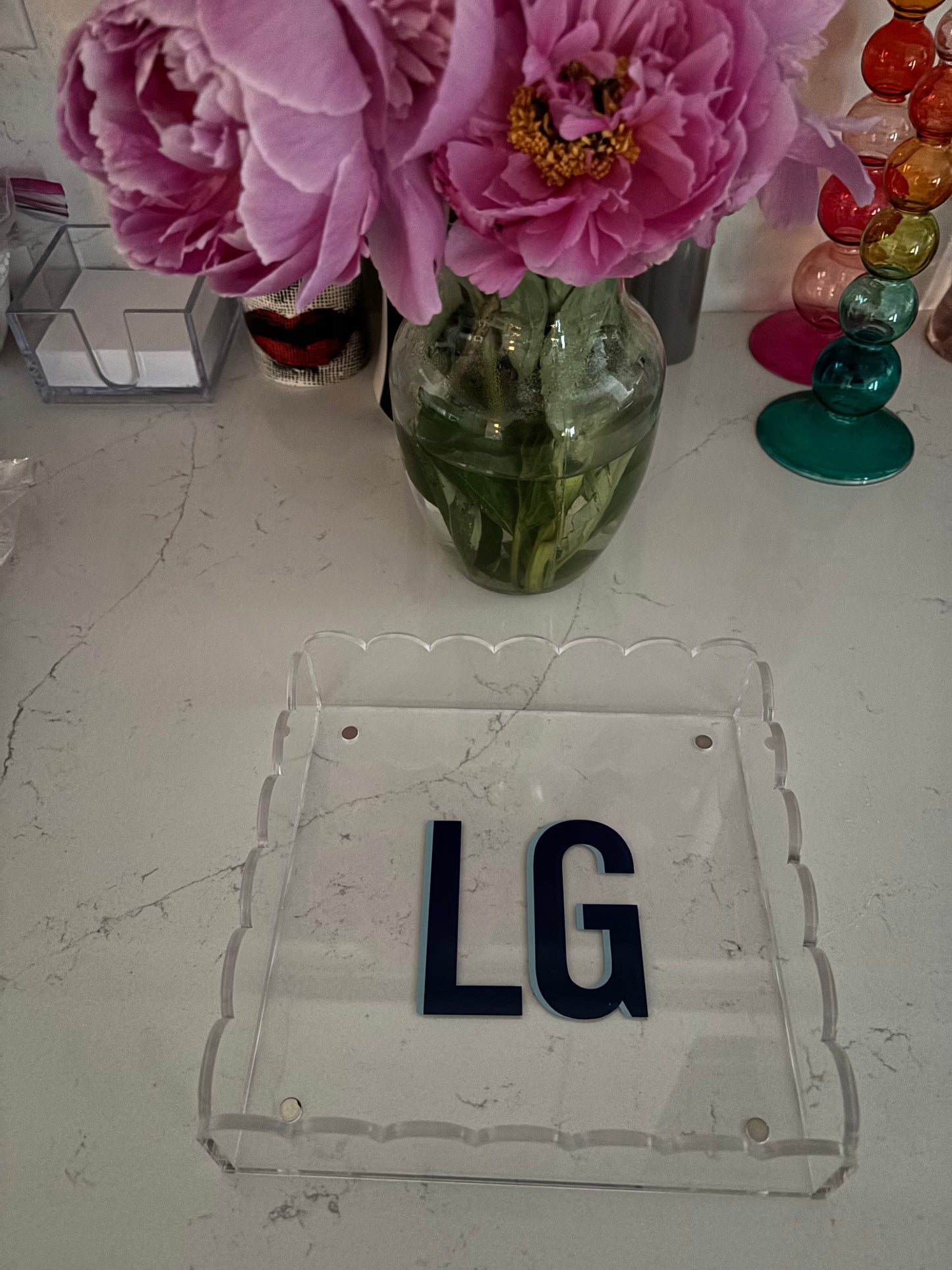 8” x 8” personalized monogrammed acrylic scalloped edge tray with magnetic mat which is perfect for photos