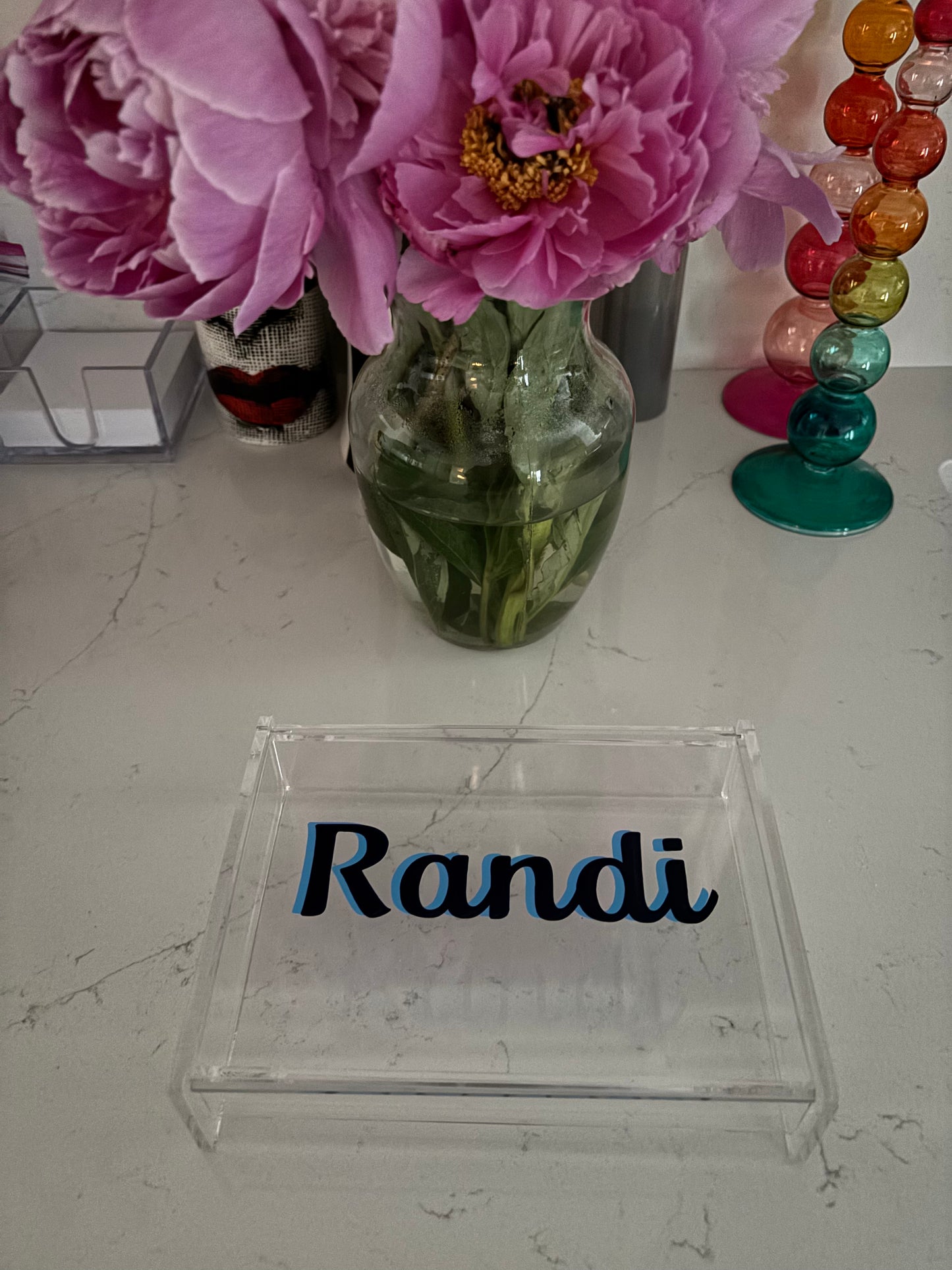 Personalized 6” x 5.5” acrylic catch all box with 2 color name