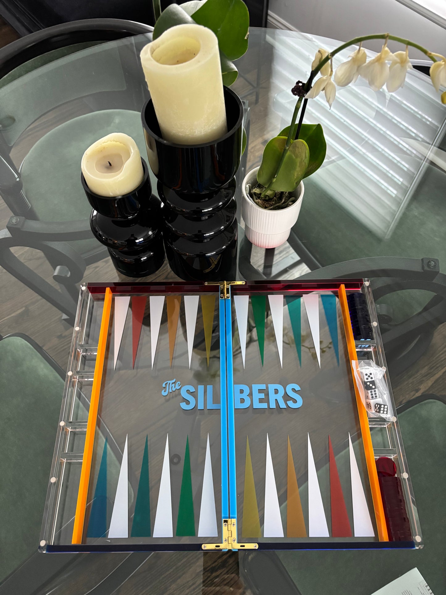 personalized acrylic backgammon set with monogrammed tiles - 14" board - multi colored