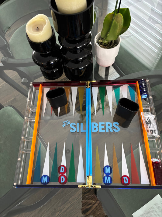 personalized acrylic backgammon set with monogrammed tiles - 14" board - multi colored