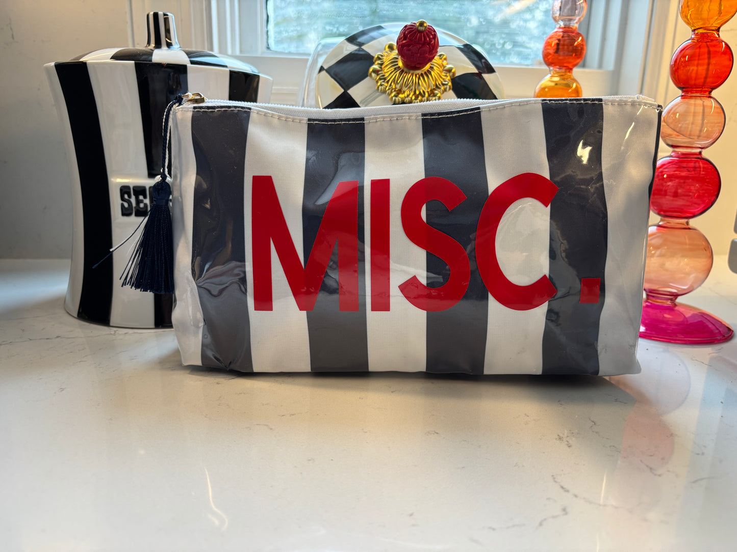 Personalized coated makeup bag with tassle closure- navy/white- medium