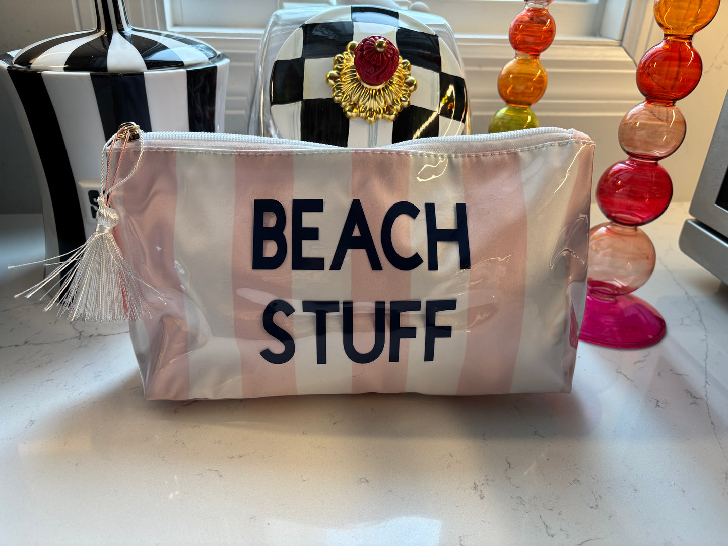 Personalized coated makeup bag with tassle closure- pale pink/white- medium