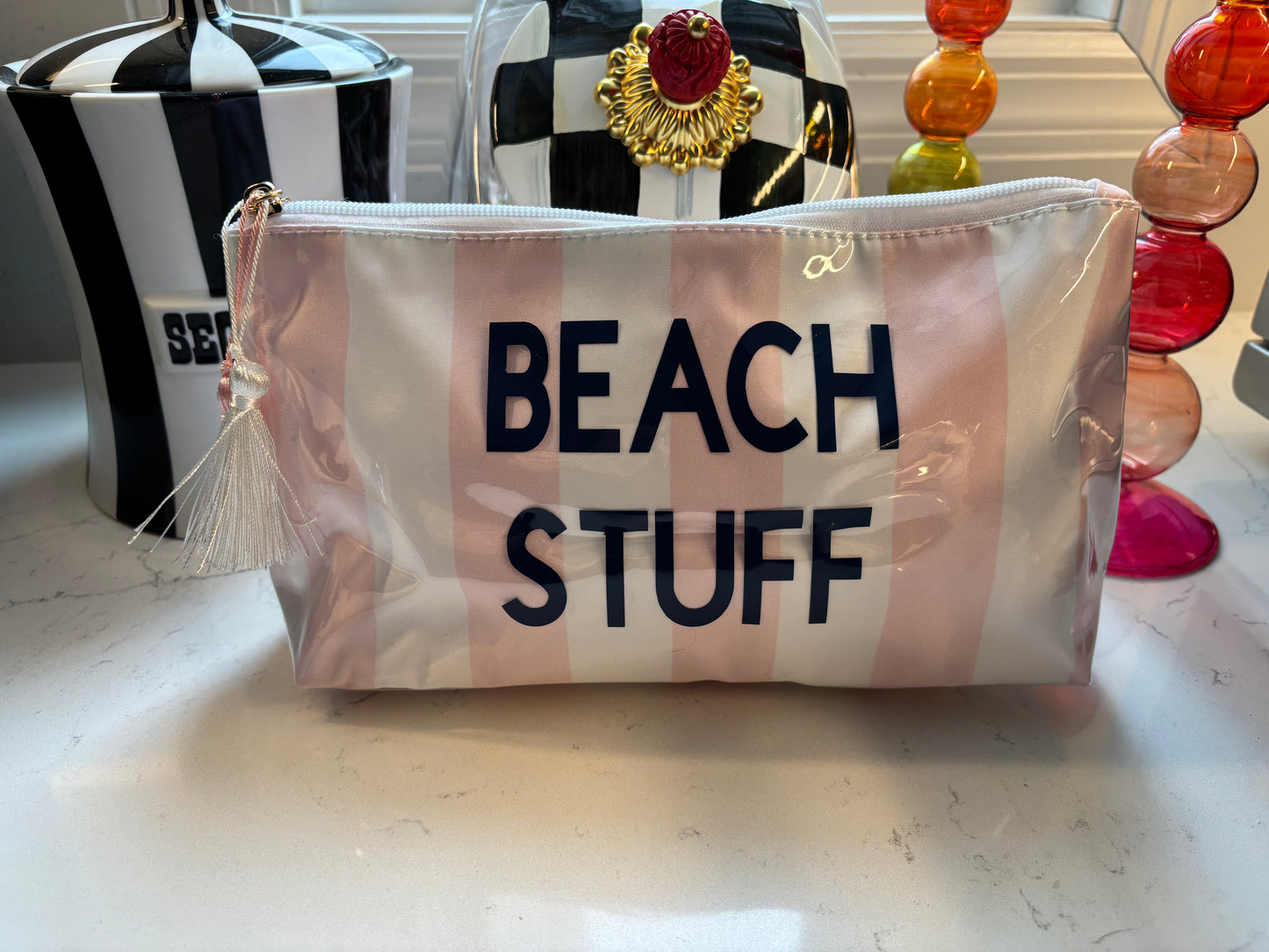 Personalized coated makeup bag with tassle closure- pale pink/white- medium