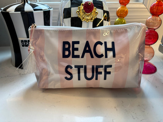 Personalized coated makeup bag with tassle closure- pale pink/white- medium