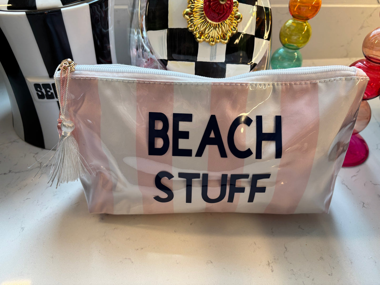 Personalized coated makeup bag with tassle closure- pale pink/white- medium