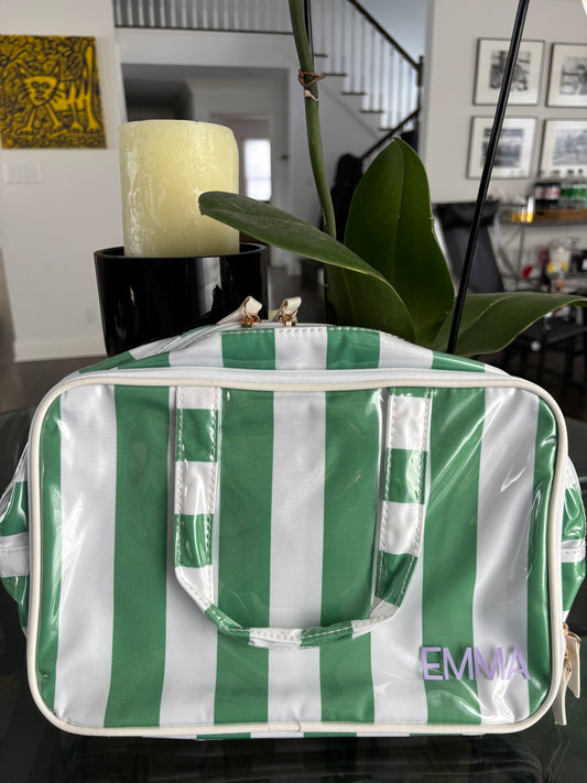 Personalized coated makeup bag with tassle closure-green/white-  x large