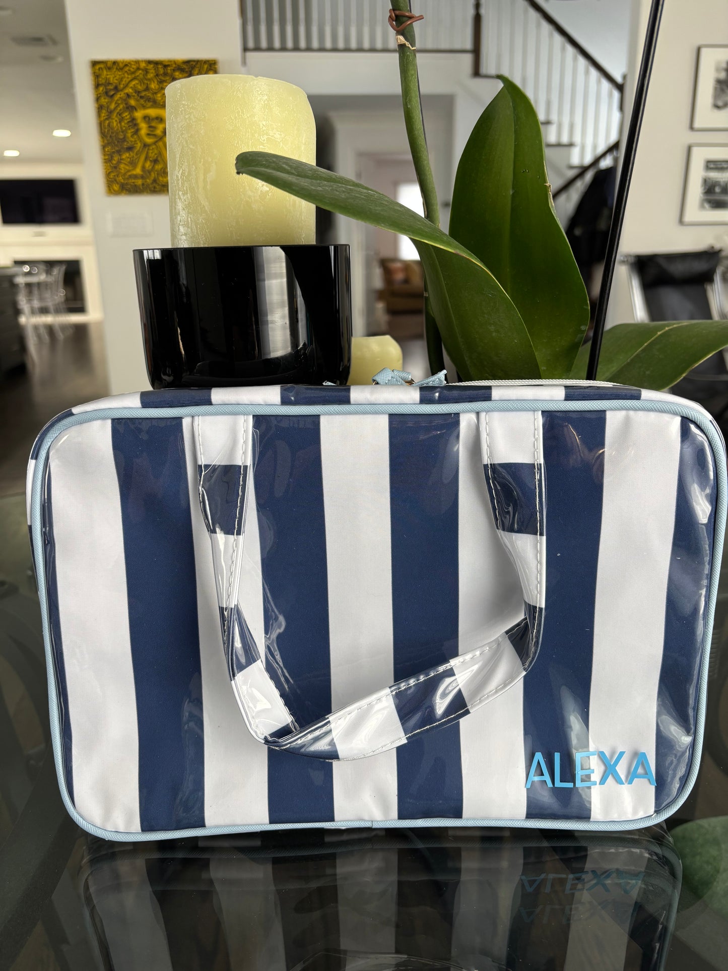 Personalized coated makeup bag with tassle closure- navy/white-  X large