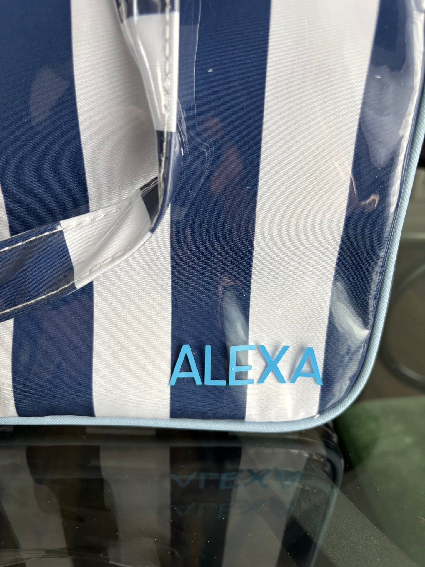 Personalized coated makeup bag with tassle closure- navy/white-  X large