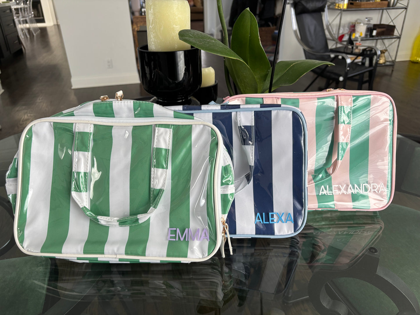 Personalized coated makeup bag with tassle closure-green/white-  x large