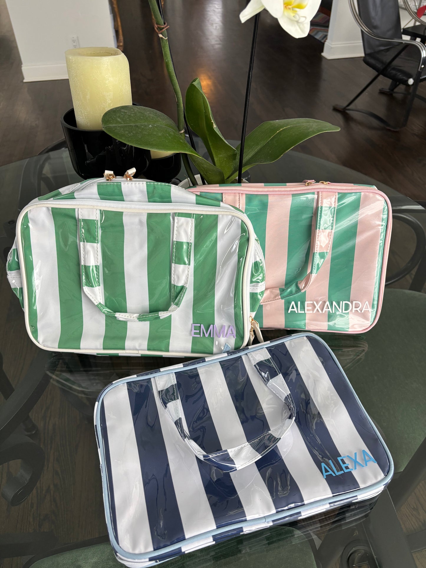 Personalized coated makeup bag with tassle closure- navy/white-  X large