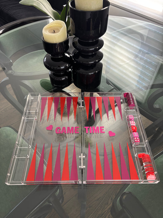 Personalized acrylic backgammon set - pink/red - 12" board