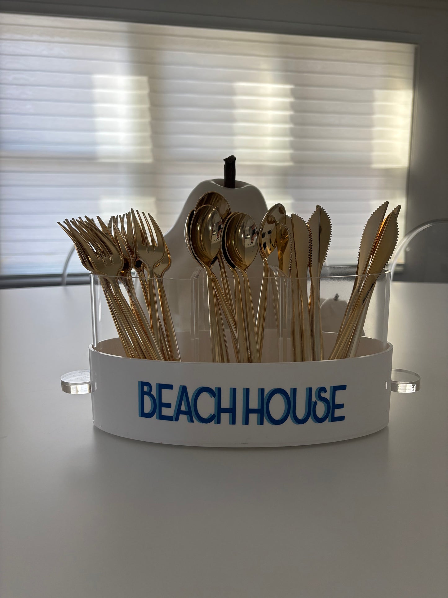 Personalized white and clear acrylic silverware caddy with 3 removable sections