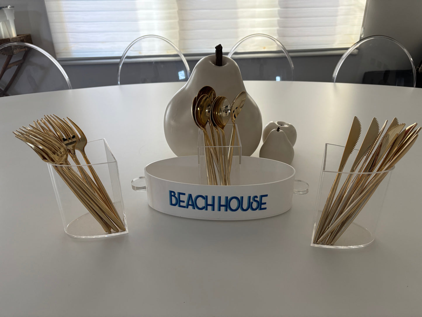 Personalized white and clear acrylic silverware caddy with 3 removable sections