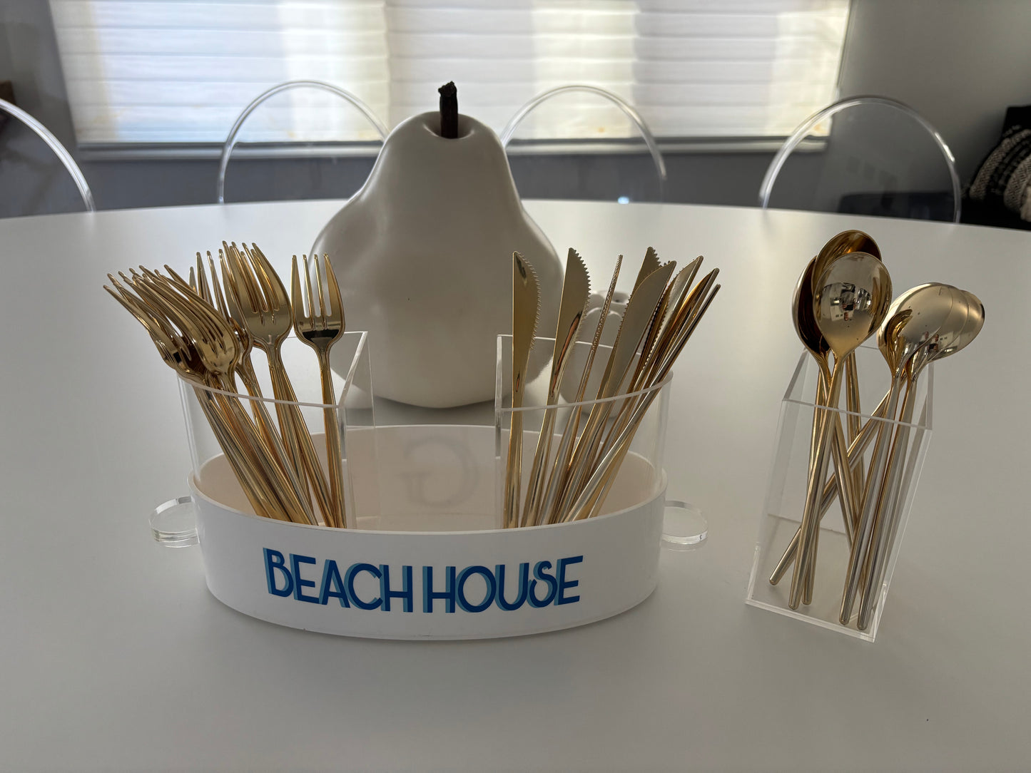 Personalized white and clear acrylic silverware caddy with 3 removable sections