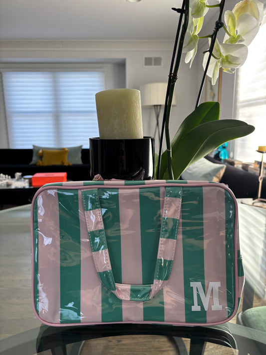 Personalized coated makeup bag with tassle closure- pale pink/green- x large