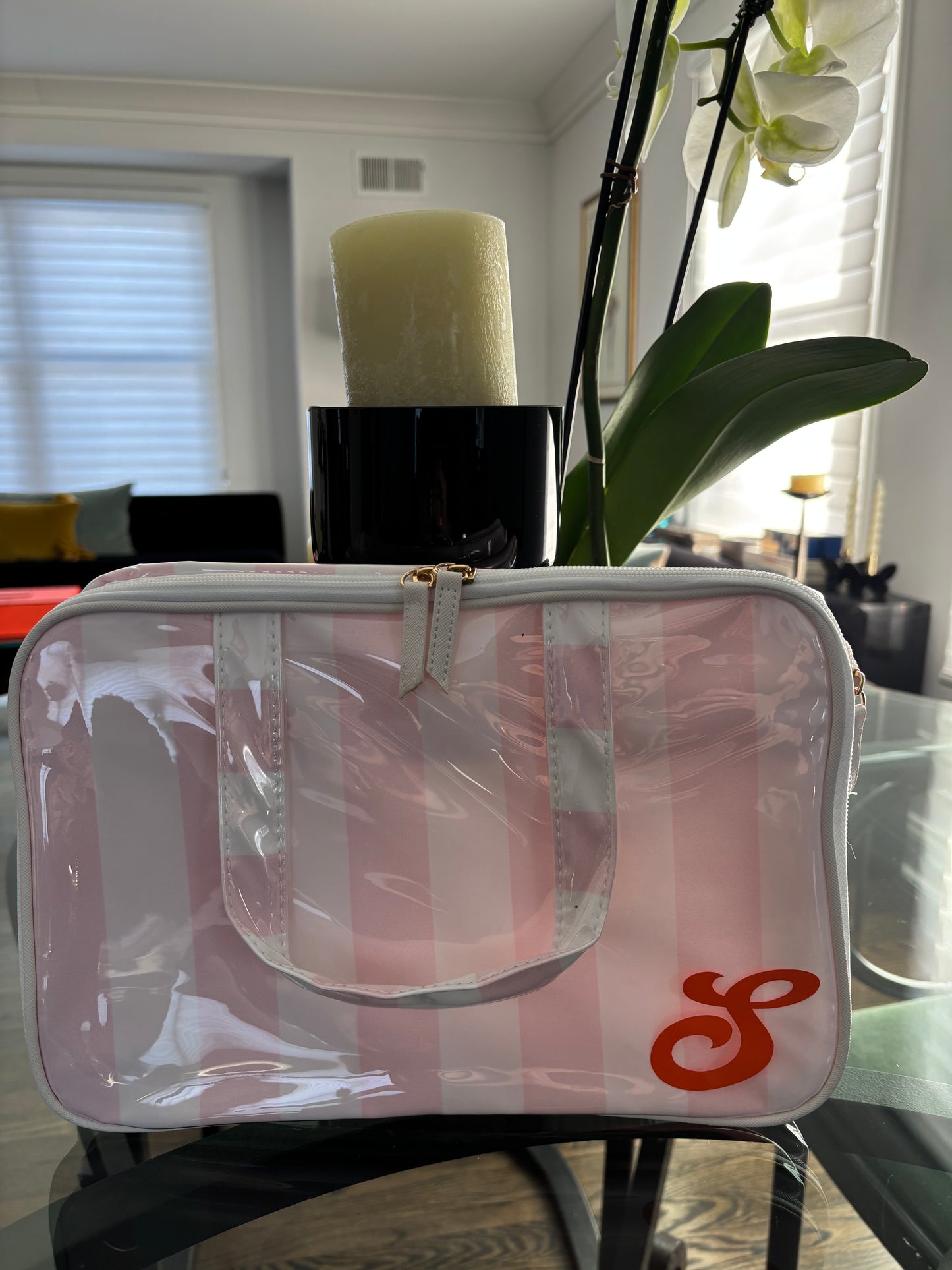 Personalized coated makeup bag with tassle closure-pale pink/white-  x large