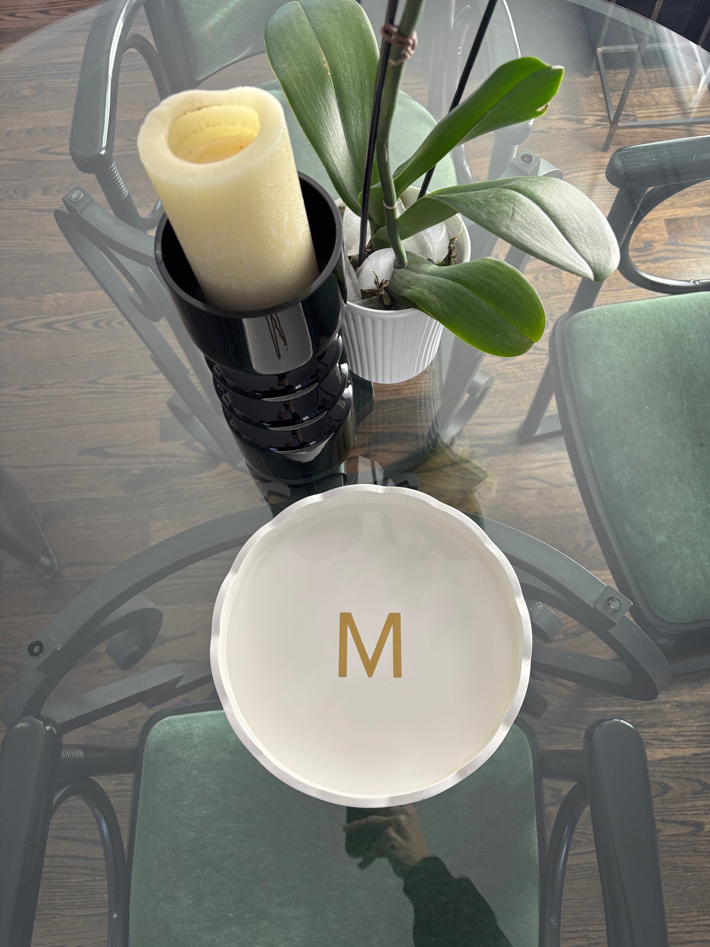 Personalized white scalloped edge wood tray