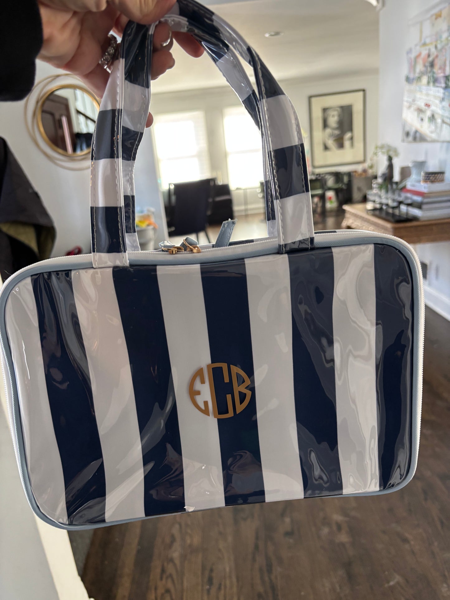 Personalized coated makeup bag with tassle closure- navy/white-  X large