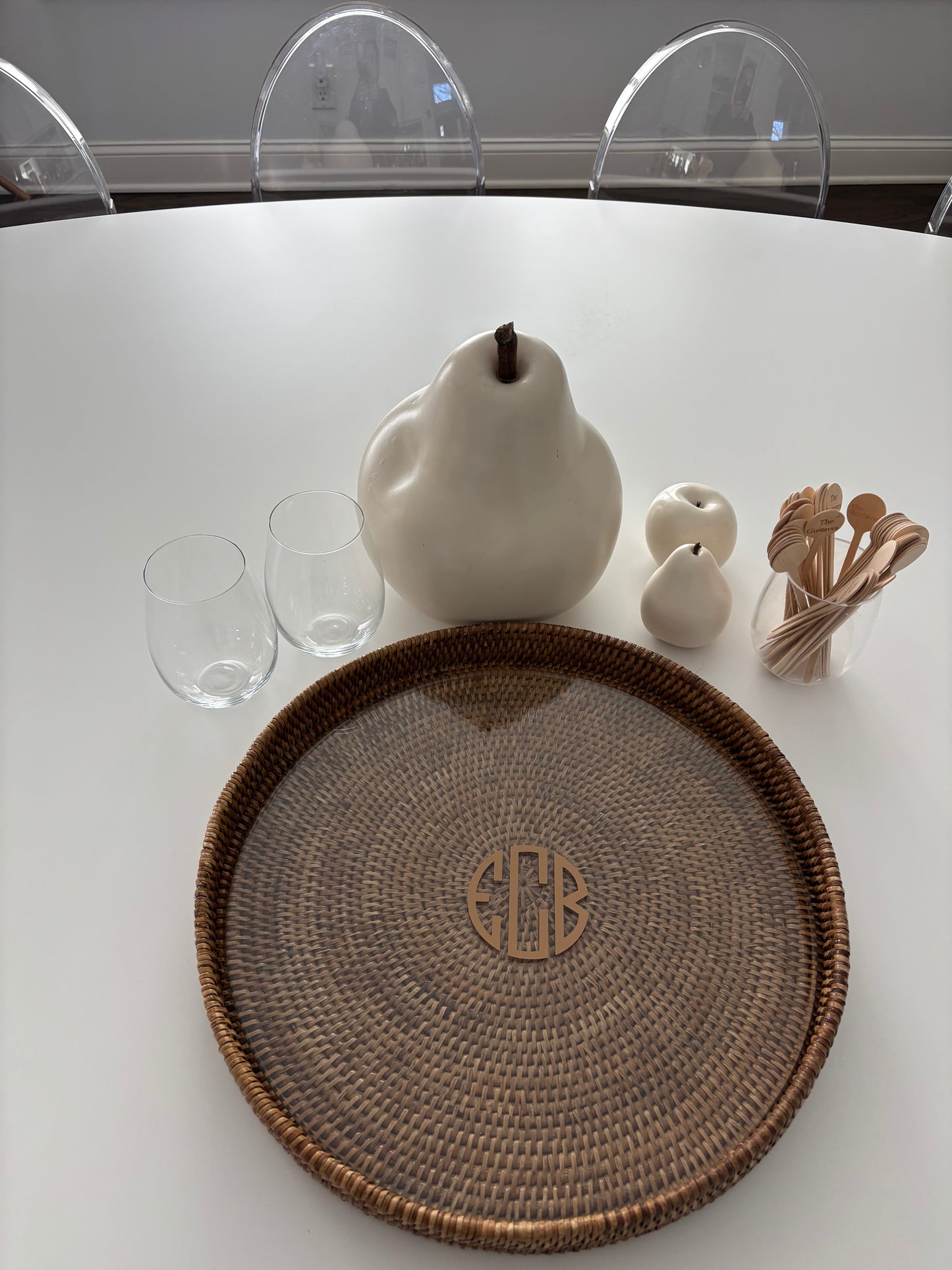 Personalized 16" x 2" round rattan tray with glass insert