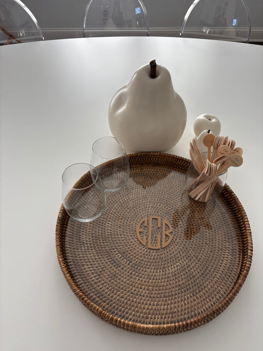 Personalized 16" x 2" round rattan tray with glass insert