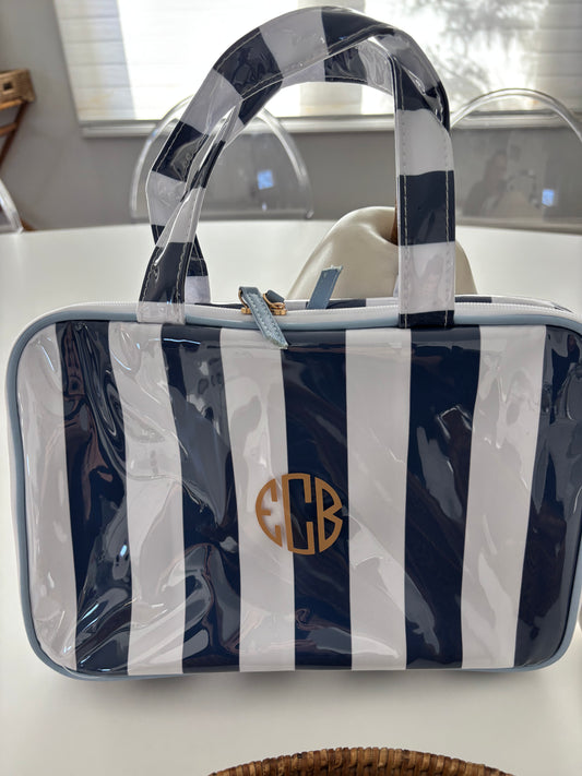 Personalized coated makeup bag with tassle closure- navy/white-  X large