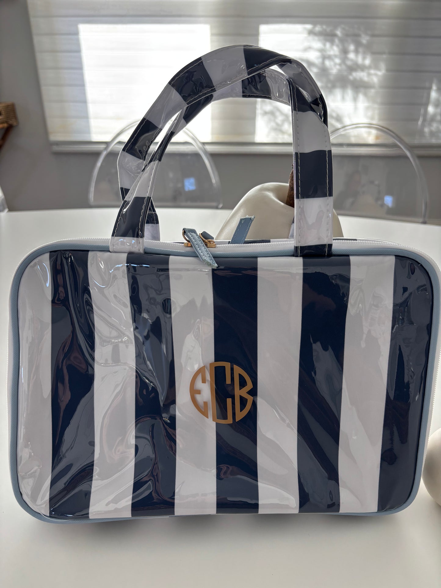 Personalized coated makeup bag with tassle closure- navy/white-  X large