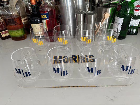 Personalized 11" x 14"  acrylic tray with vinyl with 8 acrylic stemless wine glasses