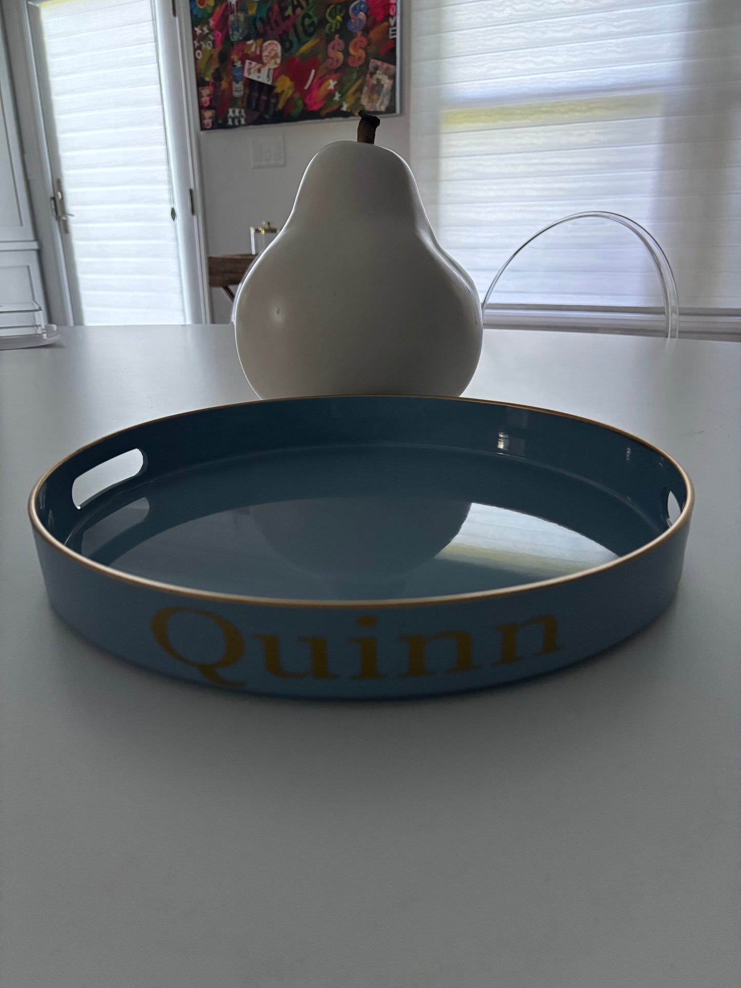 Pesonalized 13" opaque light blue round tray with your name on the side