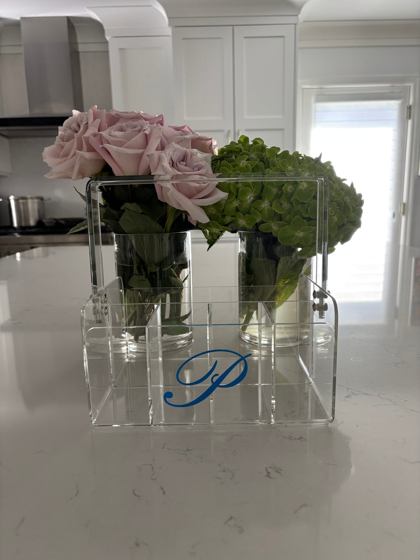 Personalized clear acrylic silverware caddy - elegant one letter monogram